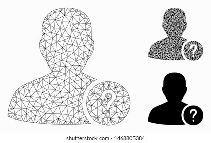 Mesh user status model with triangle mosaic icon. Wire frame triangular mesh of user status. Vector mosaic of triangle parts in different sizes, and color tints. Abstract 2d mesh user status,