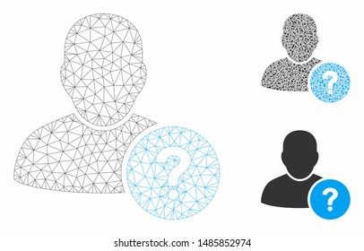 Mesh user status model with triangle mosaic icon. Wire carcass triangular mesh of user status. Vector mosaic of triangles in variable sizes, and color tinges. Abstract 2d mesh user status,