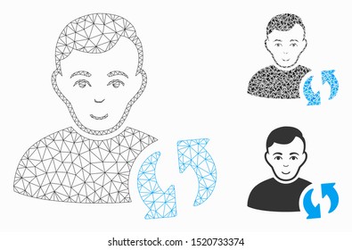 Mesh user update model with triangle mosaic icon. Wire carcass triangular mesh of user update. Vector mosaic of triangle parts in different sizes, and color tinges. Abstract 2d mesh user update,