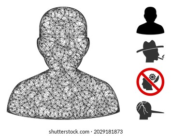 Mesh user web symbol vector illustration. Model is based on user flat icon. Network forms abstract user flat model. Wire frame flat web network isolated on a white background. Bonus icons are added.