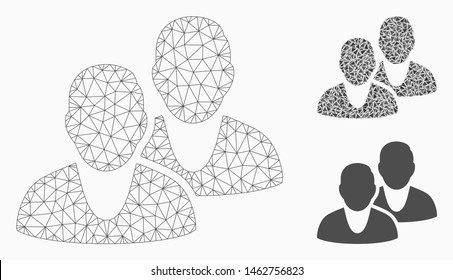 Mesh users model with triangle mosaic icon. Wire frame polygonal mesh of users. Vector collage of triangle parts in various sizes, and color shades. Abstract flat mesh users, designed with triangles.