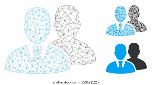 Mesh users model with triangle mosaic icon. Wire frame triangular mesh of users. Vector mosaic of triangle parts in different sizes, and color shades. Abstract flat mesh users,