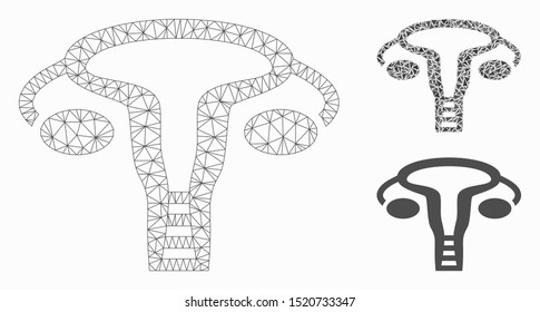 Mesh vagine model with triangle mosaic icon. Wire frame triangular mesh of vagine. Vector mosaic of triangles in different sizes, and color tones. Abstract flat mesh vagine,