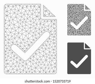 Mesh valid agreement page model with triangle mosaic icon. Wire frame triangular mesh of valid agreement page. Vector collage of triangle parts in different sizes, and color tints.