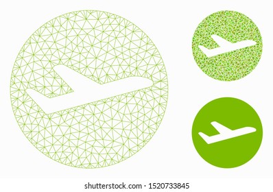 Mesh valid airplane departure model with triangle mosaic icon. Wire carcass triangular mesh of valid airplane departure. Vector mosaic of triangle elements in variable sizes, and color shades.