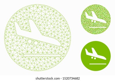 Mesh valid airplane landing model with triangle mosaic icon. Wire frame triangular mesh of valid airplane landing. Vector mosaic of triangles in variable sizes, and color tones.