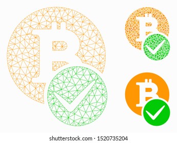 Mesh valid Bitcoin model with triangle mosaic icon. Wire frame triangular mesh of valid Bitcoin. Vector mosaic of triangle elements in variable sizes, and color tinges.