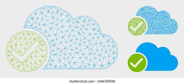 Mesh valid cloud model with triangle mosaic icon. Wire frame triangular mesh of valid cloud. Vector mosaic of triangle elements in different sizes, and color shades. Abstract flat mesh valid cloud,
