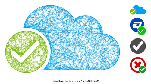 Mesh valid cloud web icon vector illustration. Model is based on valid cloud flat icon. Mesh forms abstract valid cloud flat model. wireframe flat web network isolated on a white background.