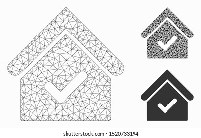 Mesh valid house model with triangle mosaic icon. Wire frame triangular network of valid house. Vector mosaic of triangle elements in various sizes, and color tinges. Abstract 2d mesh valid house,