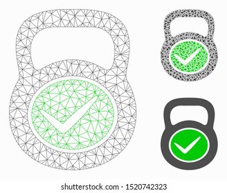Mesh valid iron weight model with triangle mosaic icon. Wire carcass polygonal mesh of valid iron weight. Vector mosaic of triangle parts in various sizes, and color tones.