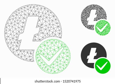 Mesh valid Litecoin model with triangle mosaic icon. Wire frame triangular mesh of valid Litecoin. Vector mosaic of triangle elements in various sizes, and color tinges.