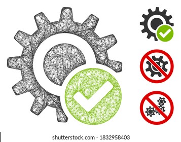 Mesh valid settings gear polygonal web icon vector illustration. Carcass model is based on valid settings gear flat icon. Triangle network forms abstract valid settings gear flat model.