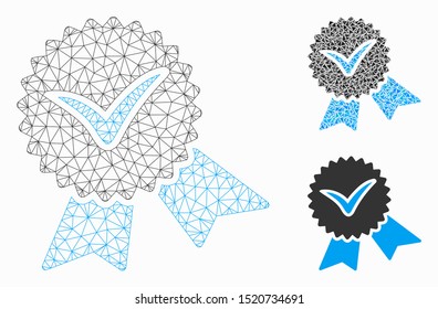 Mesh validation seal model with triangle mosaic icon. Wire frame polygonal mesh of validation seal. Vector collage of triangle elements in various sizes, and color shades.