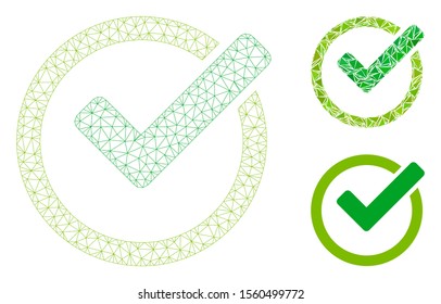 Mesh validity model with triangle mosaic icon. Wire frame polygonal mesh of validity. Vector mosaic of triangle elements in variable sizes, and color tones. Abstract 2d mesh validity,