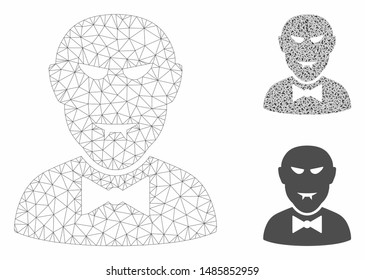 Mesh vampire model with triangle mosaic icon. Wire frame triangular mesh of vampire. Vector mosaic of triangle parts in various sizes, and color hues. Abstract 2d mesh vampire,