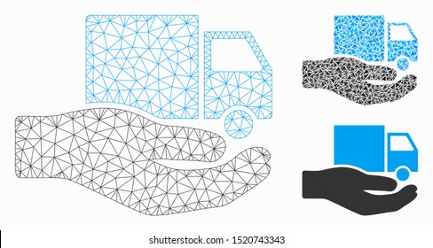 Mesh van delivery service hand model with triangle mosaic icon. Wire frame triangular mesh of van delivery service hand. Vector composition of triangle elements in variable sizes, and color tints.