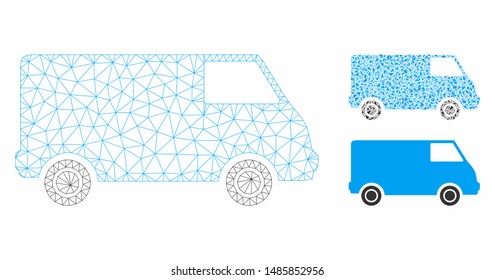 Mesh van model with triangle mosaic icon. Wire carcass triangular mesh of van. Vector composition of triangles in various sizes, and color tones. Abstract 2d mesh van, designed with triangular grid.