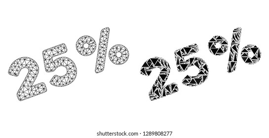 Mesh vector 25 percents with flat mosaic icon isolated on a white background. Abstract lines, triangles, and points forms 25 percents icons. Wire frame flat triangular line mesh in vector format,