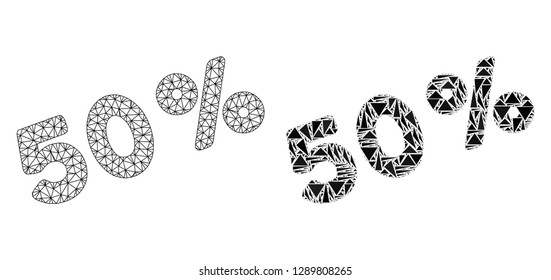 Mesh vector 50 percents with flat mosaic icon isolated on a white background. Abstract lines, triangles, and points forms 50 percents icons. Wire carcass flat triangular linear mesh in vector format,