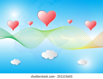 With mesh vector abstract blue background with bright red hearts and clouds.