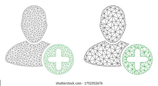 Mesh vector add user icon. Mesh carcass add user image in lowpoly style with structured triangles, points and lines. Mesh illustration of triangulated add user, on a white background.