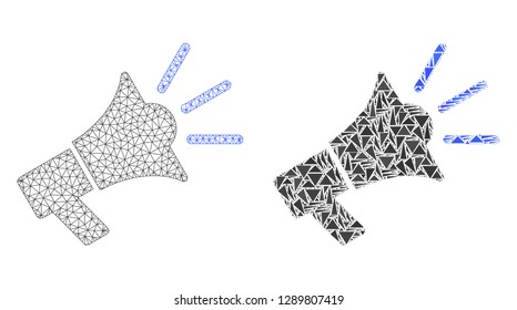 Mesh vector advertising megaphone with flat mosaic icon isolated on a white background. Abstract lines, triangles, and points forms advertising megaphone icons.