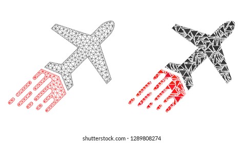 Mesh vector air liner with flat mosaic icon isolated on a white background. Abstract lines, triangles, and points forms air liner icons. Wire frame flat triangular line mesh in vector format,