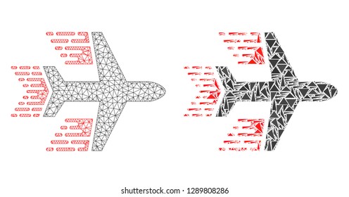 Mesh vector aircraft with flat mosaic icon isolated on a white background. Abstract lines, triangles, and points forms aircraft icons. Wire carcass flat polygonal line mesh in vector format,
