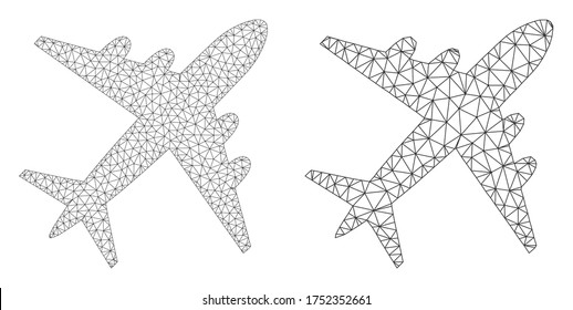 Mesh vector airplane icon. Mesh wireframe airplane image in lowpoly style with connected triangles, points and lines. Mesh concept of triangulated airplane, on a white background.