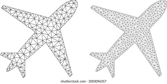 Iconos del avión vectorial de malla. Imágenes de aviones de malla de carcasas en bajo estilo de poli con triángulos, nodos y líneas organizados. Composición en malla del avión triangulado, sobre fondo blanco.