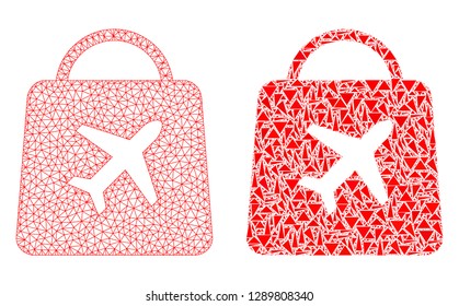 Mesh vector airport shopping with flat mosaic icon isolated on a white background. Abstract lines, triangles, and points forms airport shopping icons.