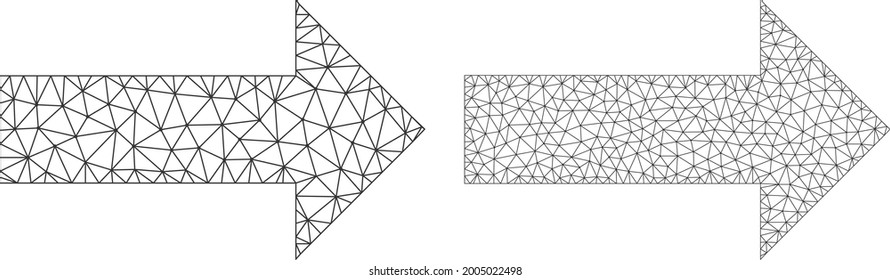 Iconos de flecha de vector de malla. Imágenes de flecha de malla en estilo bajo con triángulos organizados, nodos y elementos lineales. Composición de malla de la flecha triangulada, sobre un fondo blanco.