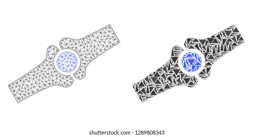 Mesh vector artificial bone joint with flat mosaic icon isolated on a white background. Abstract lines, triangles, and points forms artificial bone joint icons.