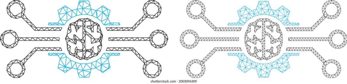 Mesh vector artificial intellect icons. Mesh carcass artificial intellect images in low poly style with connected triangles, dots and lines. Mesh illustration of triangulated artificial intellect,