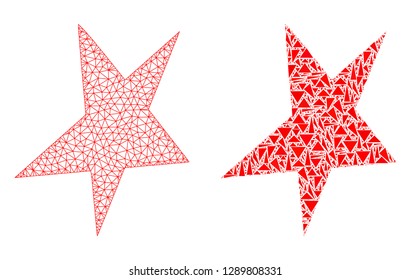Mesh vector asymmetrical star with flat mosaic icon isolated on a white background. Abstract lines, triangles, and points forms asymmetrical star icons.