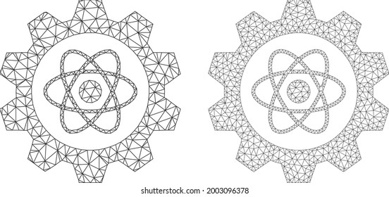 Mesh vector atomic industry icons. Mesh wireframe atomic industry images in low poly style with structured triangles, dots and linear items. Mesh concept of triangulated atomic industry,