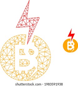 Bild eines Mesh-Vektorbitcoins mit flachem Symbol einzeln auf weißem Hintergrund. Wire carcass flach dreieckige Linie Netzwerk für Bitcoin Crash Symbol. Linien und Punkte bilden ein Bitcoin-Crash-Symbol.