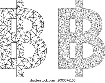 Mesh vector bitcoin currency icons. Mesh wireframe bitcoin currency images in low poly style with structured triangles, points and linear items. Mesh concept of triangulated bitcoin currency,