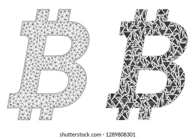 Mesh vector bitcoin with flat mosaic icon isolated on a white background. Abstract lines, triangles, and points forms bitcoin icons. Wire carcass flat triangular line mesh in vector format,