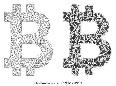 Mesh vector bitcoin with flat mosaic icon isolated on a white background. Abstract lines, triangles, and points forms bitcoin icons. Wire frame flat triangular linear mesh in vector format,