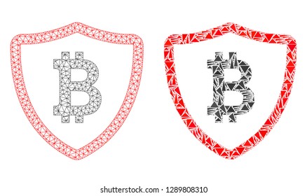 Mesh vector bitcoin shield with flat mosaic icon isolated on a white background. Abstract lines, triangles, and points forms bitcoin shield icons. Wire carcass 2D polygonal line mesh in vector format,