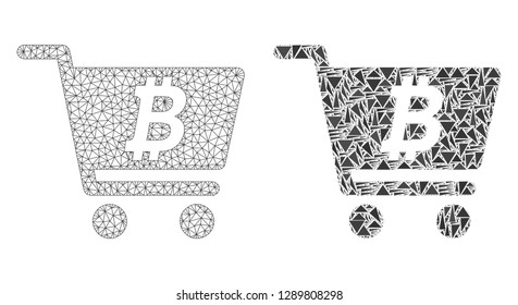 Mesh vector bitcoin webshop with flat mosaic icon isolated on a white background. Abstract lines, triangles, and points forms bitcoin webshop icons.