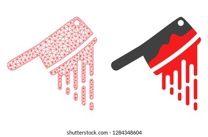 Mesh vector blood butchery knife with flat icon. Red abstract lines, light spots and points forms blood butchery knife icon. Triangle mesh is isolated on a white background.