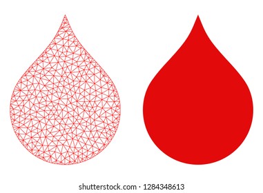 Mesh Vektor Bluttropfen mit flachem Symbol. Rote abstrakte Linien, Lichtpunkte und Punkte bilden das Bluttropfen-Symbol. Dreiecksnetz einzeln auf weißem Hintergrund.