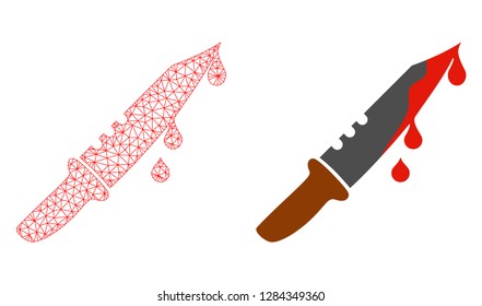 Mesh vector blood knife with flat icon. Red abstract lines, light spots and points forms blood knife icon. Triangle mesh is isolated on a white background.