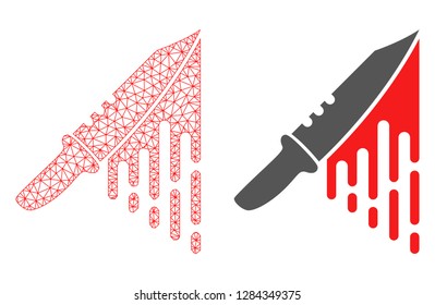 Mesh vector blood knife with flat icon. Red abstract lines, light spots and points forms blood knife icon. Triangle mesh is isolated on a white background.