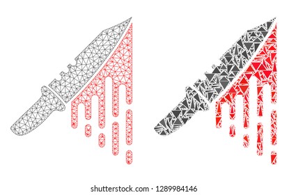 Mesh vector blood knife with flat mosaic icon isolated on a white background. Abstract lines, triangles, and points forms blood knife icons. Wire frame flat triangular line mesh in vector format,