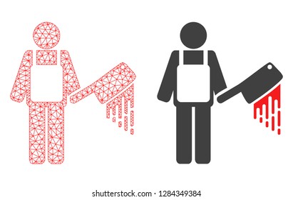 Mesh vector bloody butcher with flat icon. Red abstract lines, light spots and points forms bloody butcher icon. Triangle mesh is isolated on a white background.