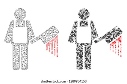 Mesh vector bloody butcher with flat mosaic icon isolated on a white background. Abstract lines, triangles, and points forms bloody butcher icons.